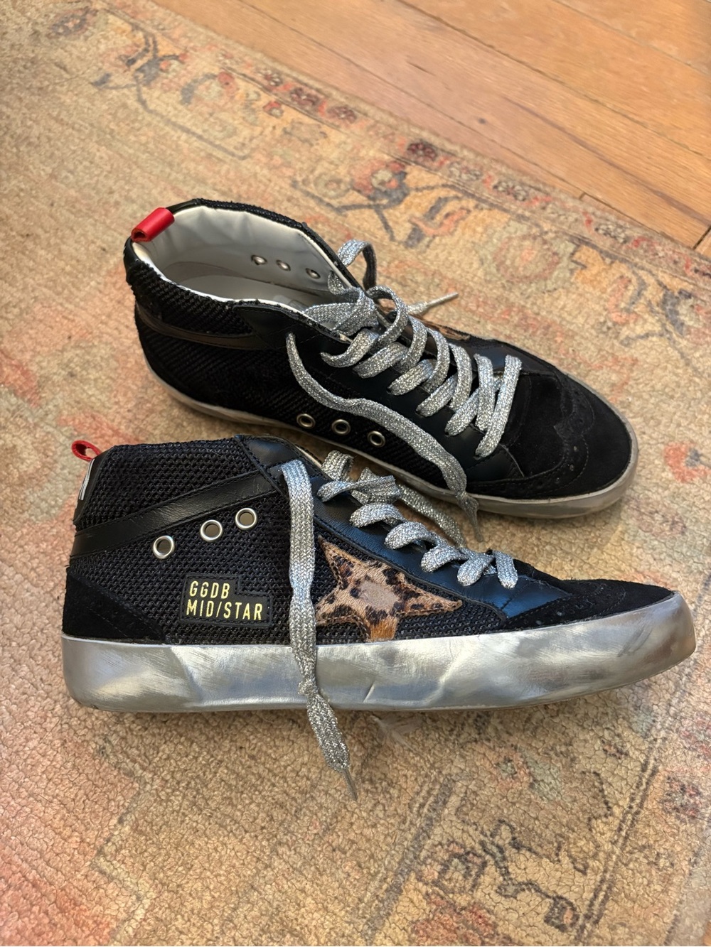 Golden Goose Mid Star High Top Sneakers Black Leopard Silver Laces